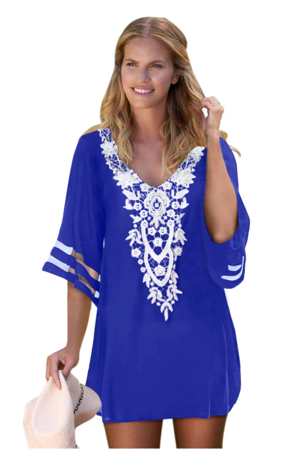 Primary Blue Crochet Detail Cover Up Dress 